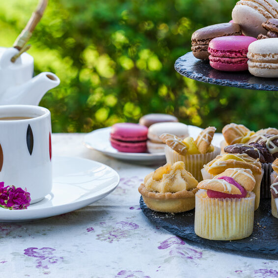 Tea with cakes and macaroons set up in the garden